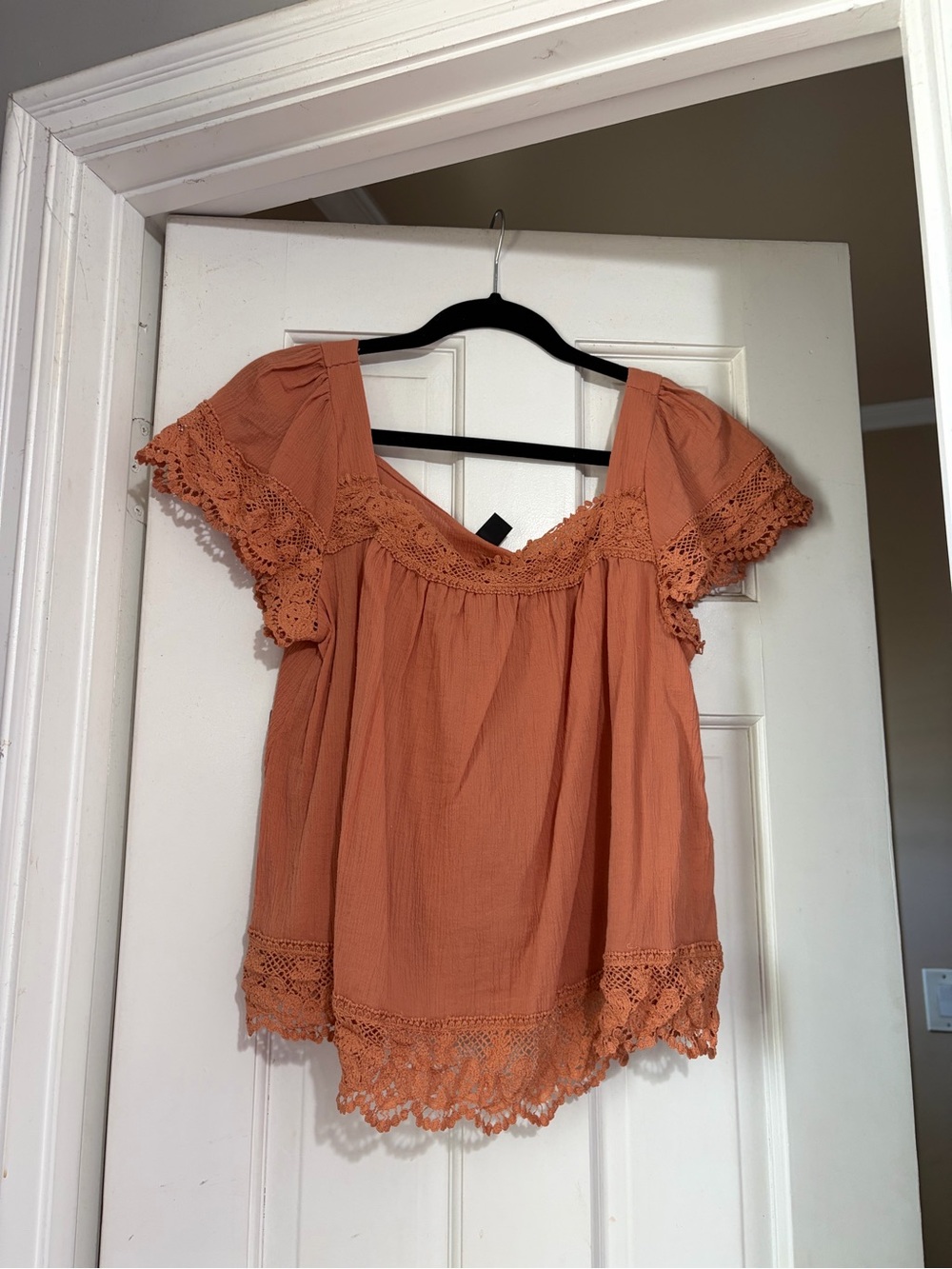 SHEIN Crochet-Trim Flutter Sleeve Top — Terracotta Orange